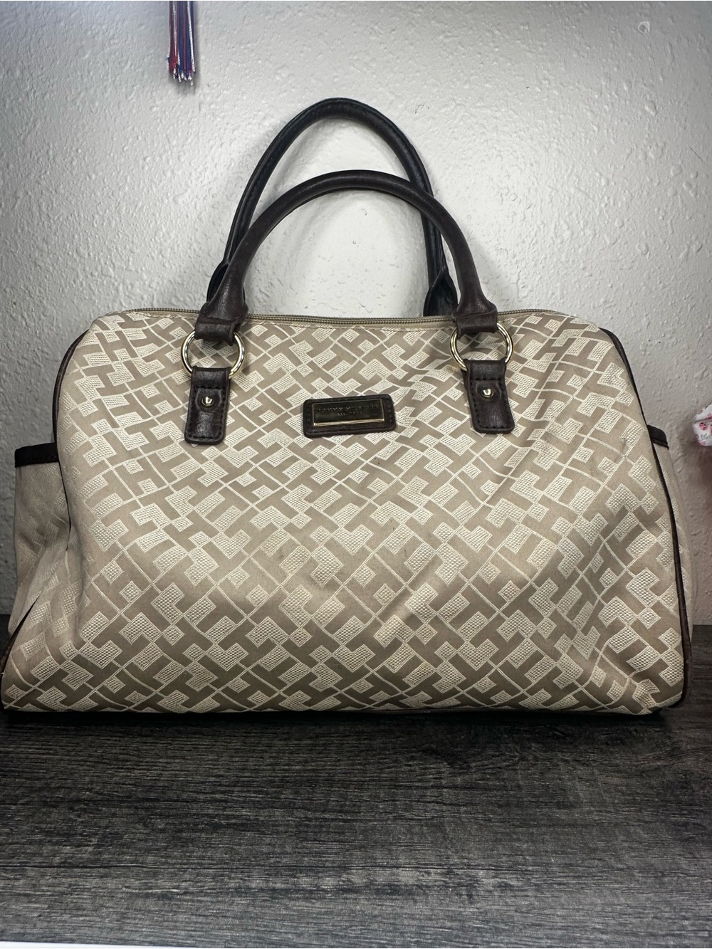 Tommy Hilfiger Beige Patterned Tote with Dark Brown Trim